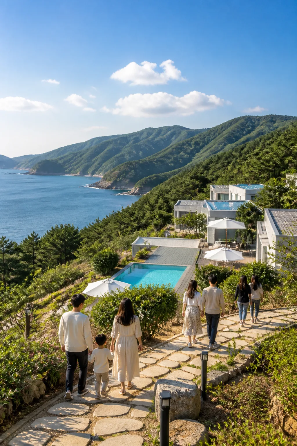강원도풀빌라 수영장과 주변 해변 산책을 함께 즐기는 여행 장면