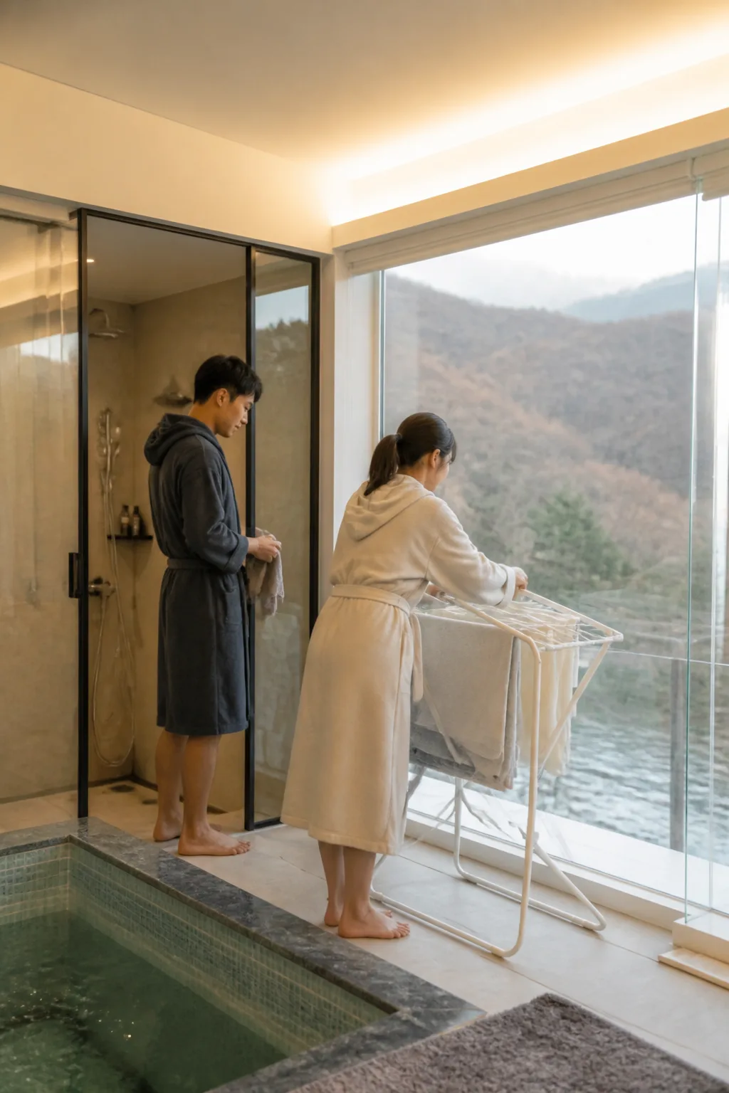 강원도풀빌라에서 물놀이 후 샤워와 수건 건조를 준비하는 실내 생활 공간