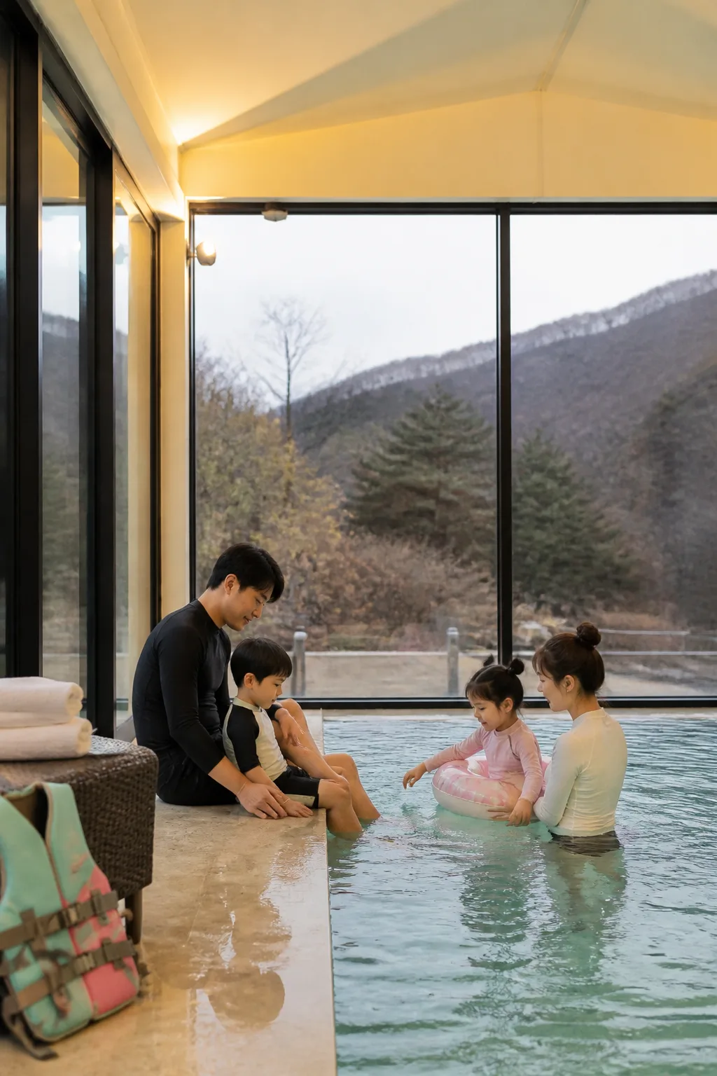 겨울 강원도풀빌라 실내 온수 수영장에서 가족과 커플이 물놀이를 준비하는 모습