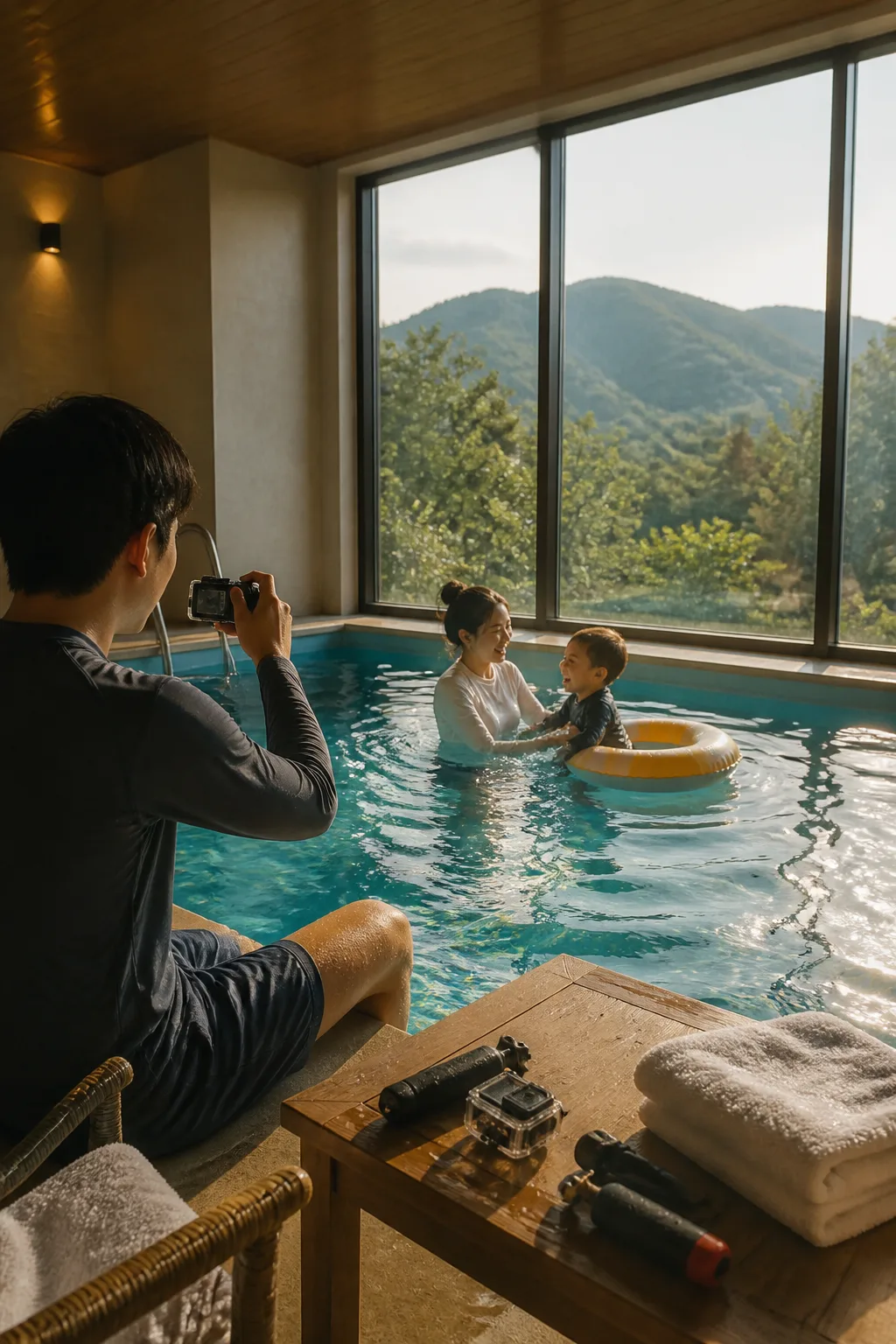 강원도풀빌라 실내 온수 수영장에서 물놀이 사진을 촬영하는 여행 장면