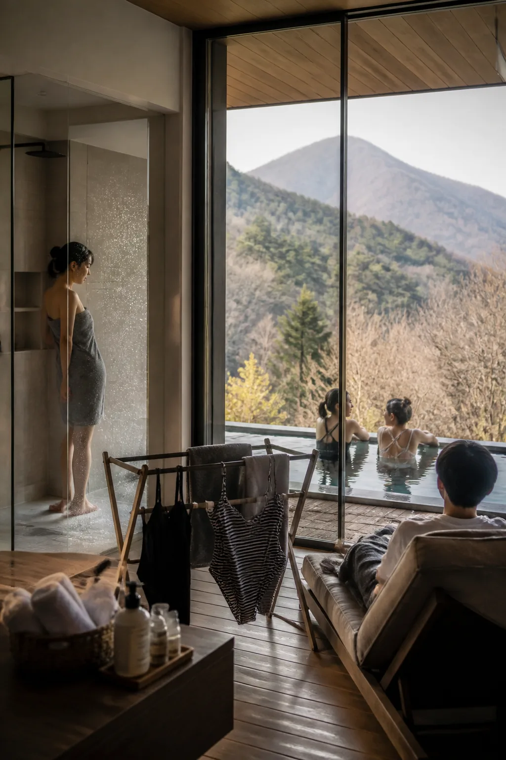 강원도풀빌라 수영장 이용 후 샤워와 휴식을 준비하는 숙소 내부 장면