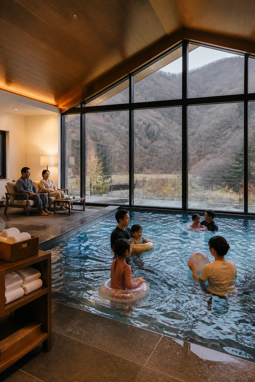여러 세대 가족이 실내 수영장을 이용하는 강원도풀빌라 숙소 모습