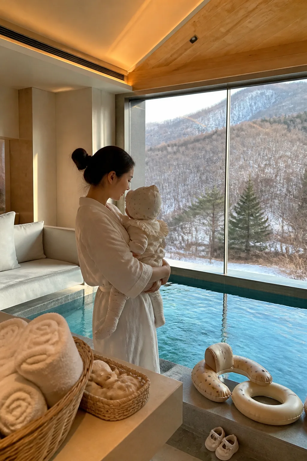 아기와 보호자가 실내 수영장을 이용하는 강원도풀빌라 가족 여행 장면